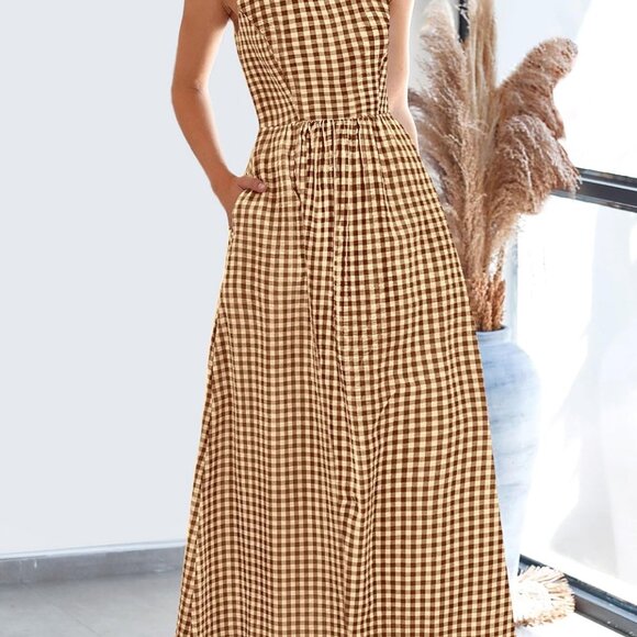 Elegant Women's 2025 Summer Spaghetti Strap Maxi Dress with Pockets - Coffee - Picture 4 of 8